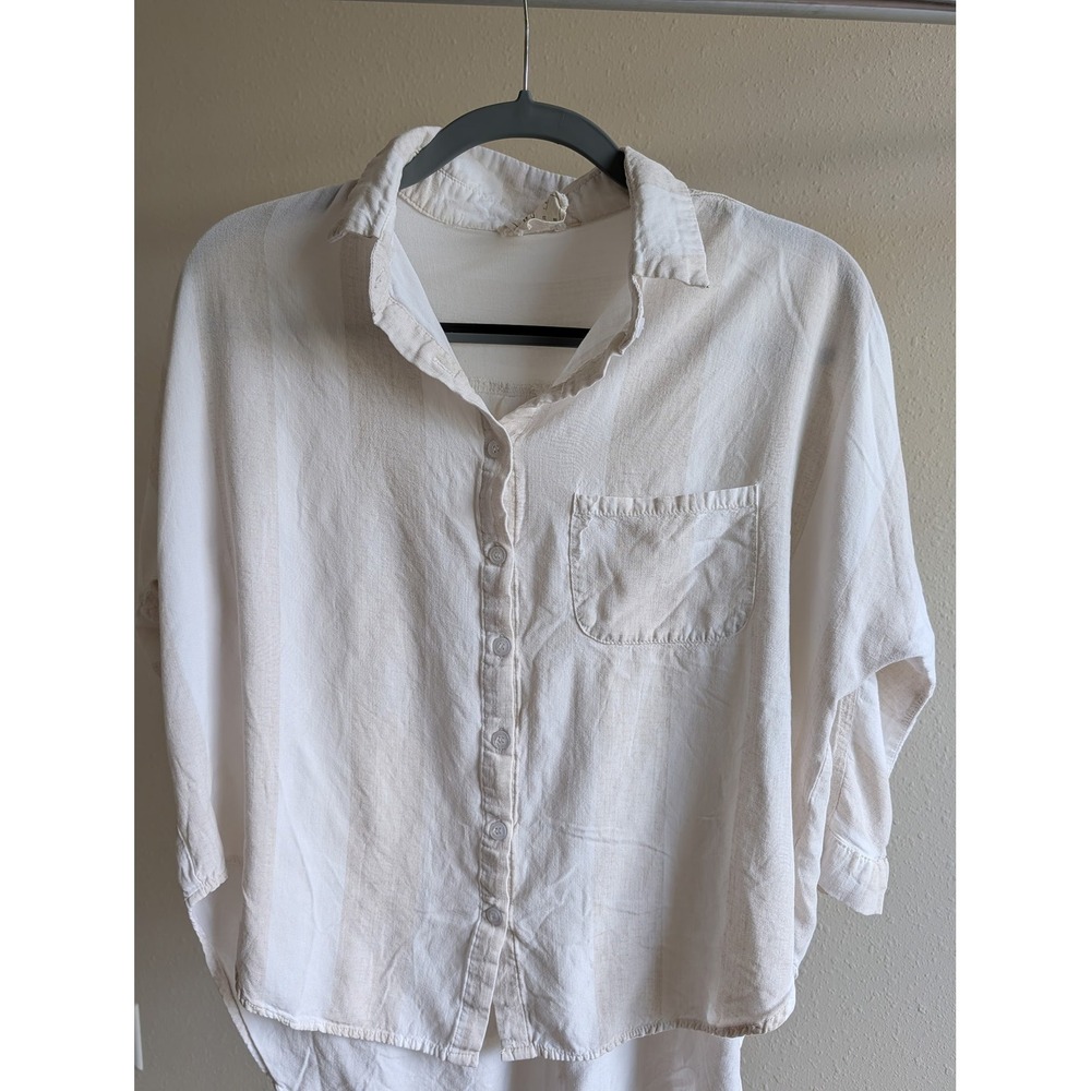 Style Rack Women Medium Linen Blend Striped Button Up Shirt Cream Tan Relaxed